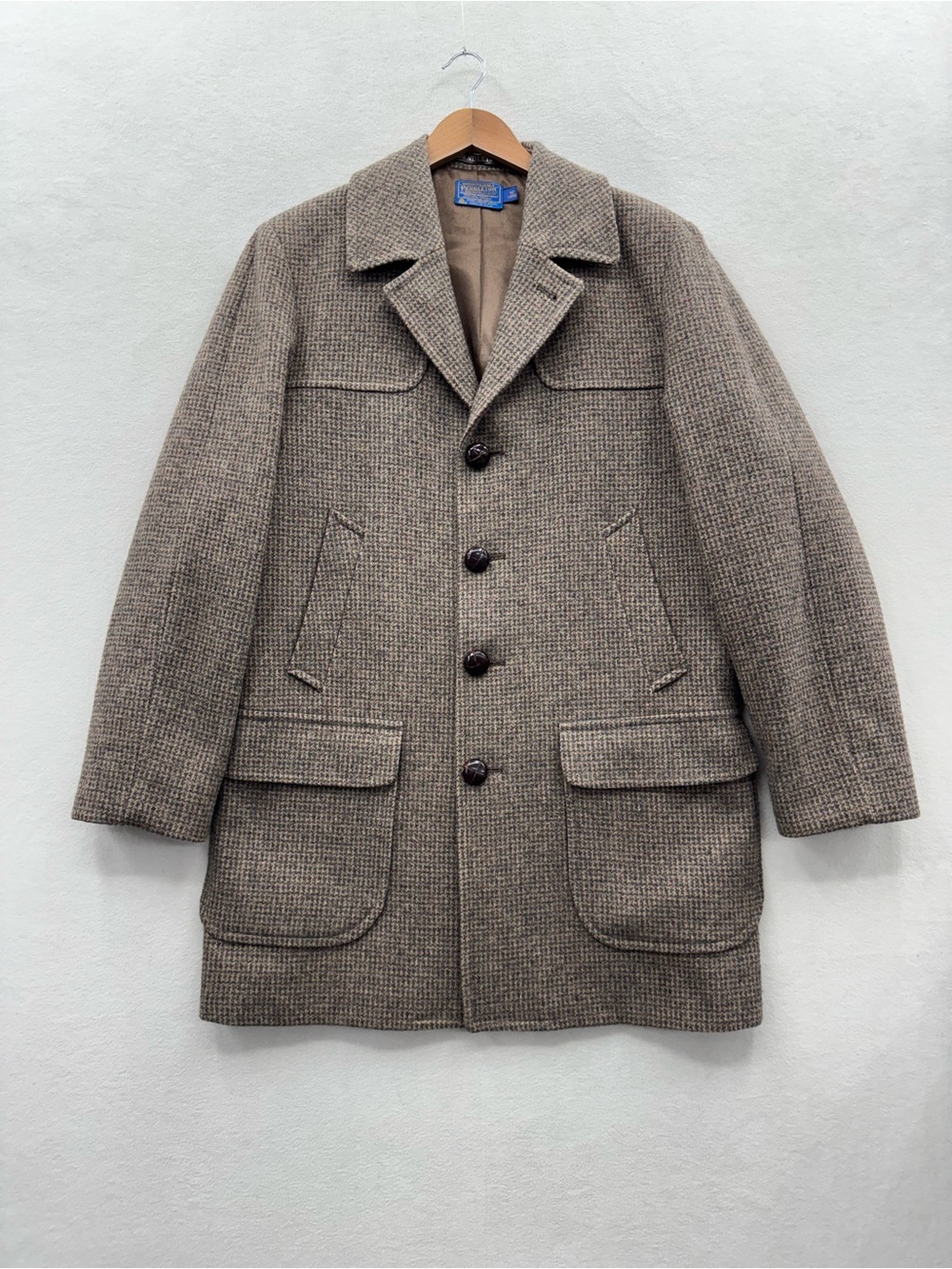 Pendleton Men’s 42 Long Vintage 100% Brown Wool Houndstooth Lined Jacket Button
